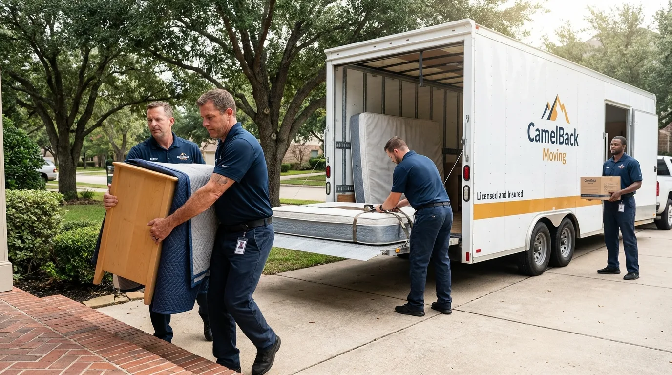 Crew loading residential truck for cross-state move from Longview, WA