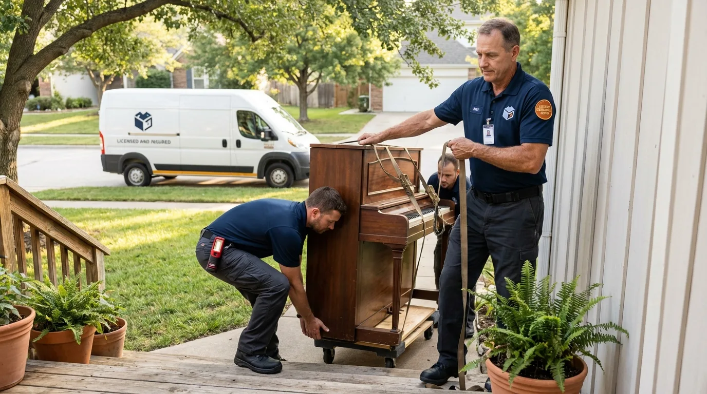 Licensed piano movers securing grand piano in Longview, WA