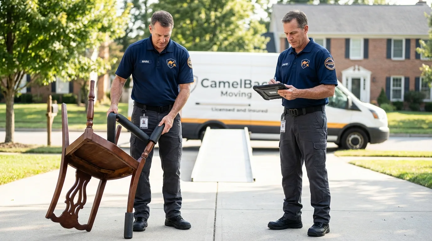 Movers inspecting furniture for damage prevention before loading in Longview, WA